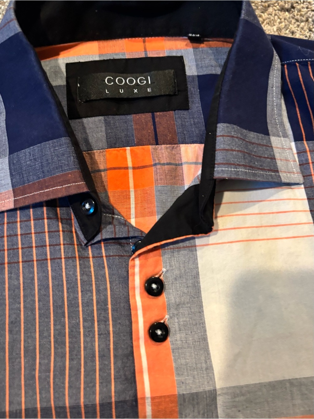 COOGI Luxe Men’s Button Down Shirt Plaid Orange Blue Flip Cuff 100% Cotton 2XL